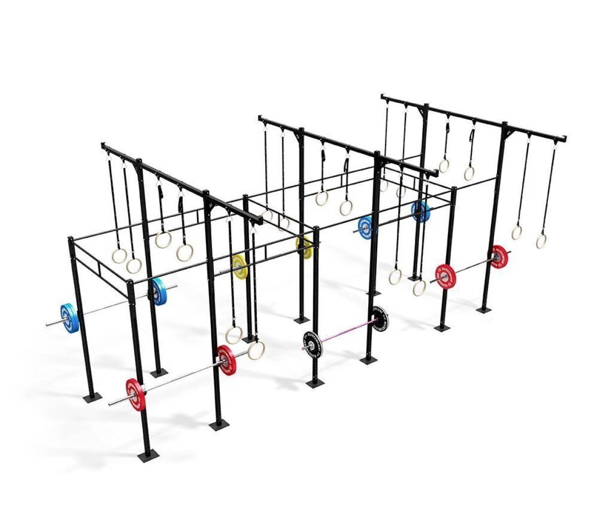 Cage autoportée CrossFit modèle 6 (735 cm × 415 cm) en acier renforcé, rig multifunctionnel pour box ou salle de sport