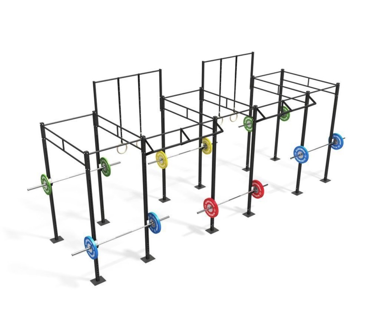 Cage CrossFit autoportée modèle 3, structure musculation 735 cm × 195 cm en acier renforcé, station multi-postes pour